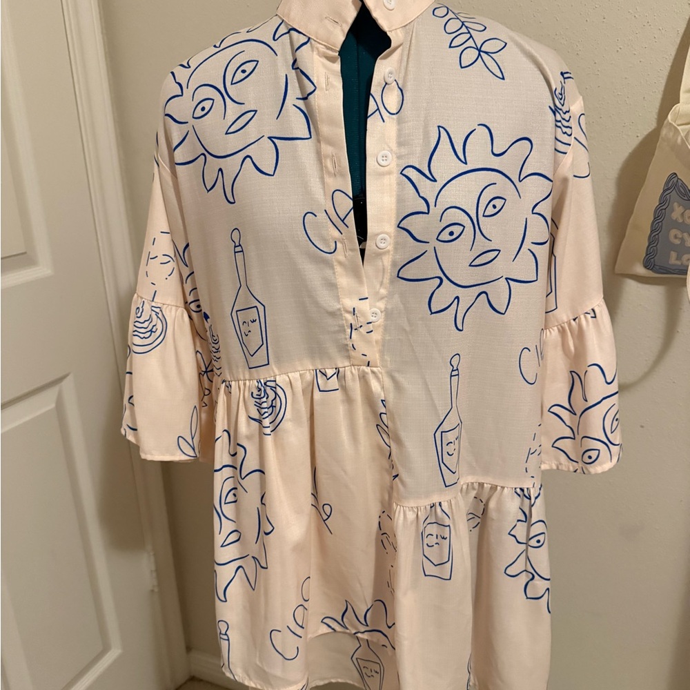 Commense Cream and Blue Sun Print Mini Dress